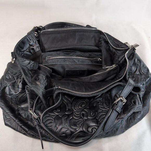 Isadora Italy Tooled Leather Purse Black Large Shoulder Bag Tote Swirls MSRP$425 - Picture 12 of 16